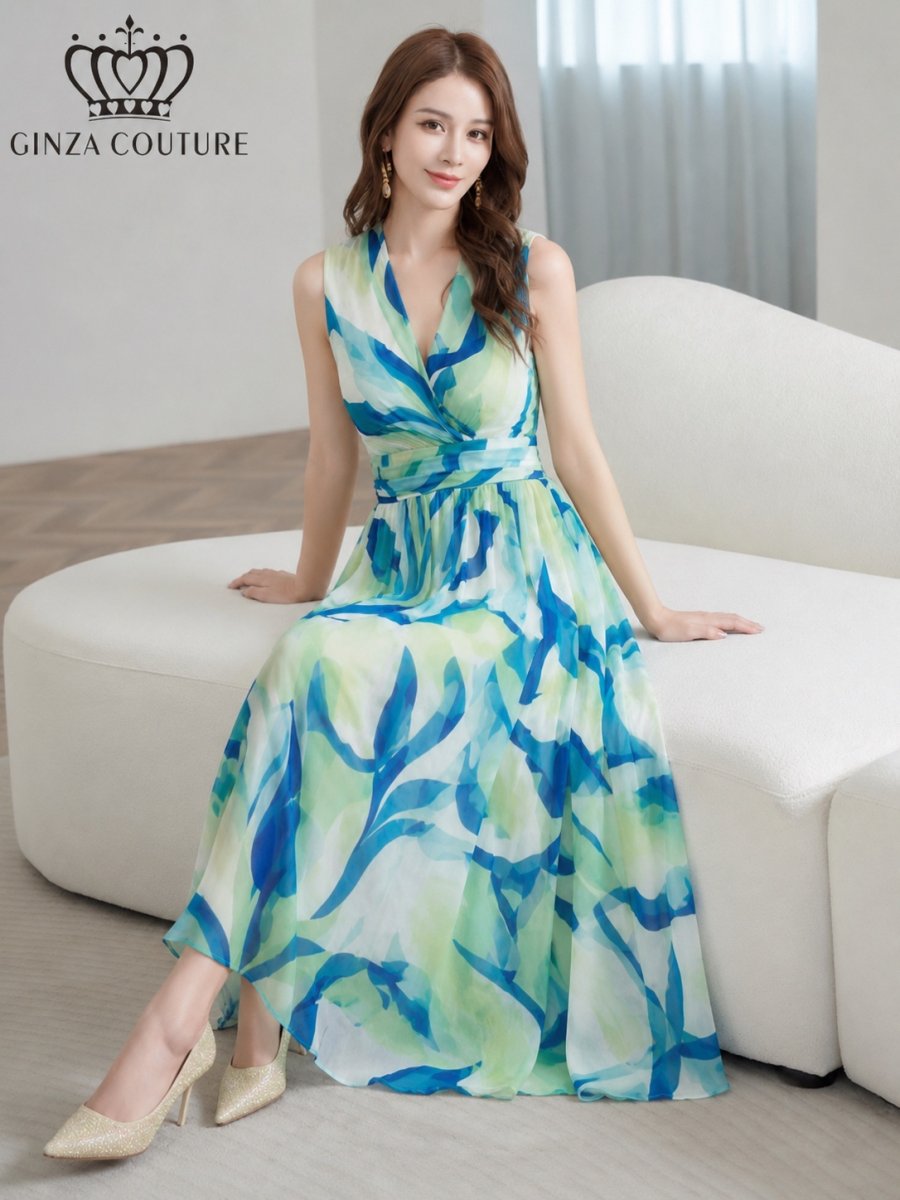 画像1: [ XS-Lサイズ / 1カラー][ERUKEI/GINZA COUTURE]シフォン・マーブルプリント・Vネック・Aライン・ノースリーブ・ロングドレス[送料無料] (1)