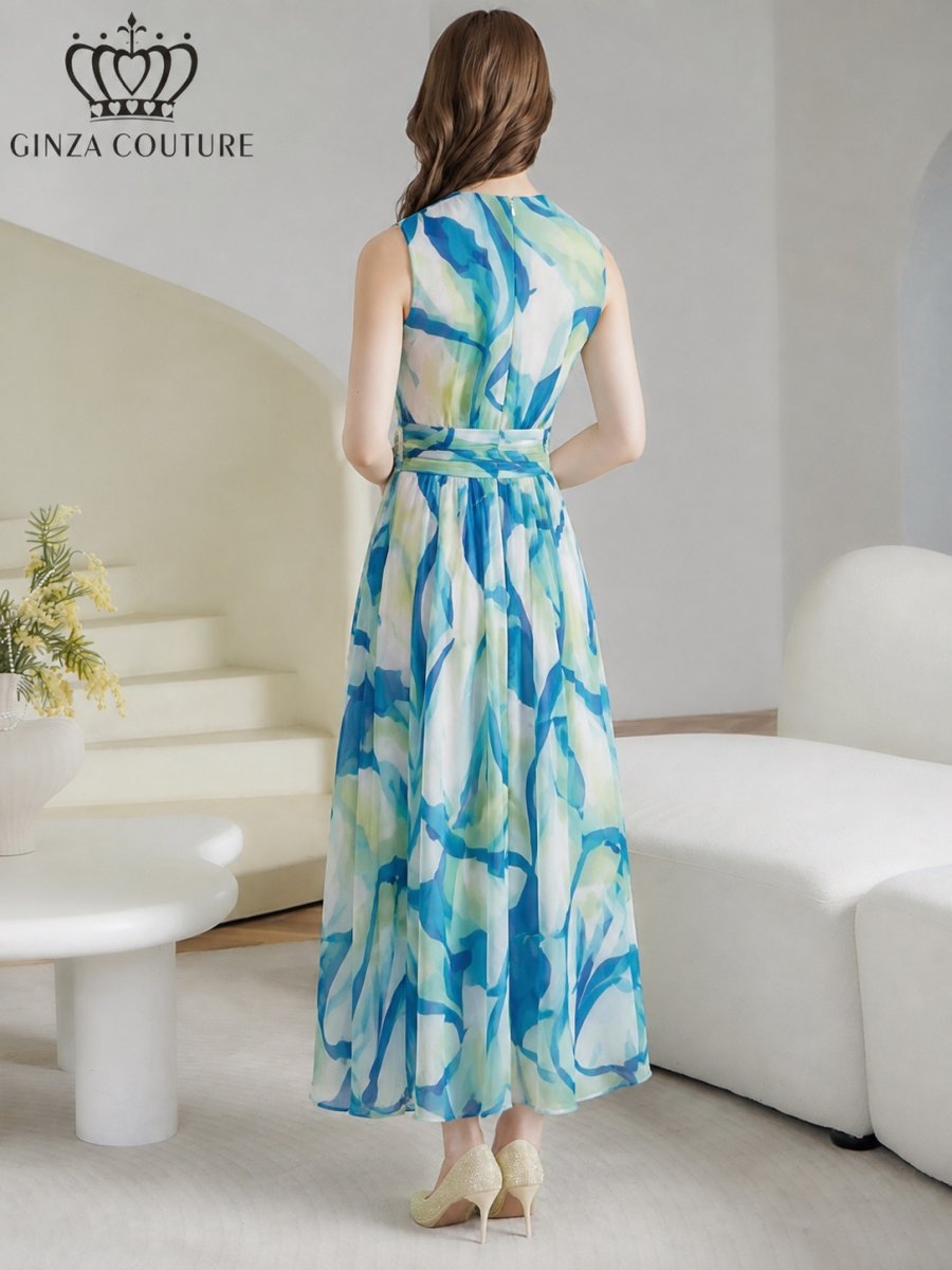 画像3: [ XS-Lサイズ / 1カラー][ERUKEI/GINZA COUTURE]シフォン・マーブルプリント・Vネック・Aライン・ノースリーブ・ロングドレス[送料無料] (3)