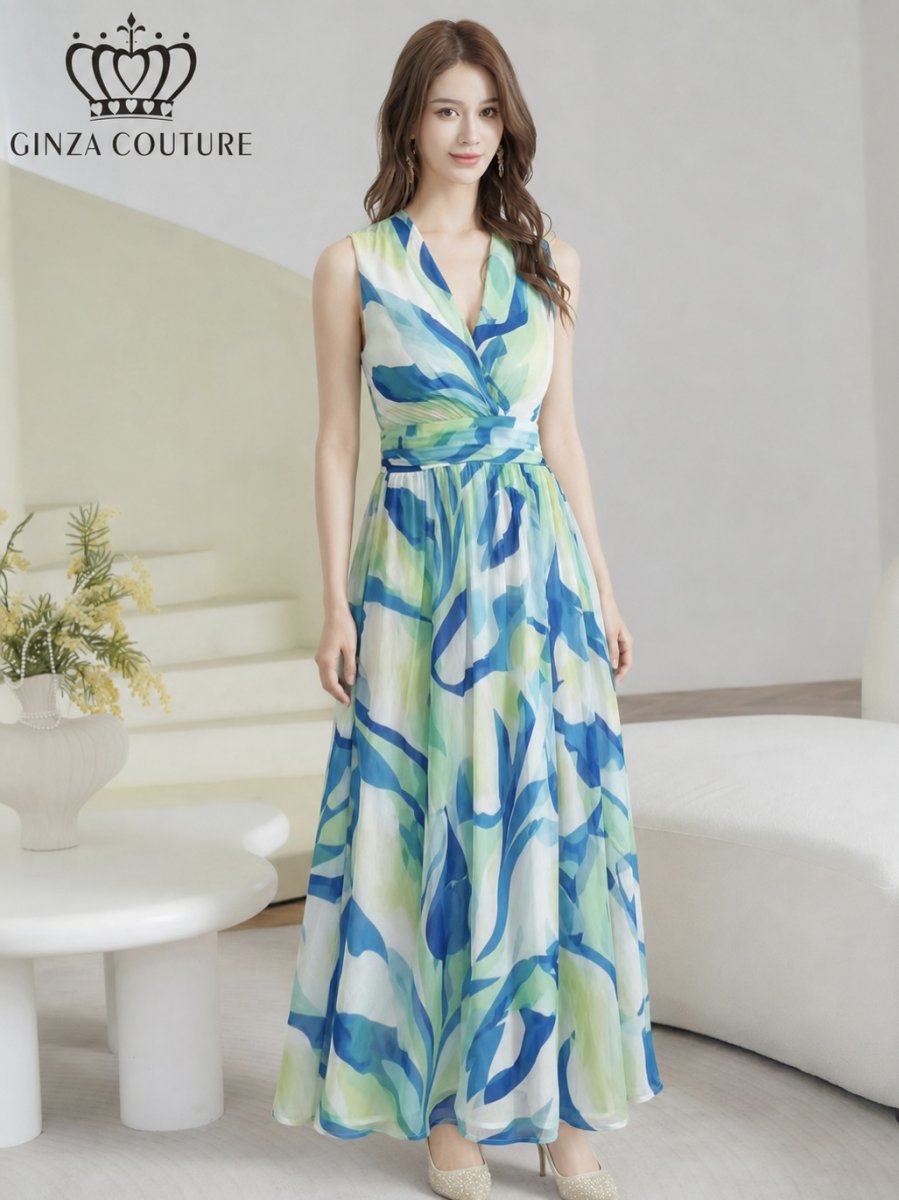 画像6: [ XS-Lサイズ / 1カラー][ERUKEI/GINZA COUTURE]シフォン・マーブルプリント・Vネック・Aライン・ノースリーブ・ロングドレス[送料無料] (6)