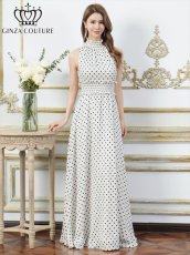 画像1: [ XS-Lサイズ / 2カラー][ERUKEI/GINZA COUTURE]ホワイト×ブラック・レッド×ホワイト・ドット・首元フリル・ウエストマーク・マキシ・アメリカンスリーブ・Aライン・ロングドレス[送料無料] (1)