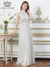 画像2: [ XS-Lサイズ / 2カラー][ERUKEI/GINZA COUTURE]ホワイト×ブラック・レッド×ホワイト・ドット・首元フリル・ウエストマーク・マキシ・アメリカンスリーブ・Aライン・ロングドレス[送料無料] (2)