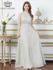 画像5: [ XS-Lサイズ / 2カラー][ERUKEI/GINZA COUTURE]ホワイト×ブラック・レッド×ホワイト・ドット・首元フリル・ウエストマーク・マキシ・アメリカンスリーブ・Aライン・ロングドレス[送料無料] (5)