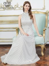 画像6: [ XS-Lサイズ / 2カラー][ERUKEI/GINZA COUTURE]ホワイト×ブラック・レッド×ホワイト・ドット・首元フリル・ウエストマーク・マキシ・アメリカンスリーブ・Aライン・ロングドレス[送料無料] (6)