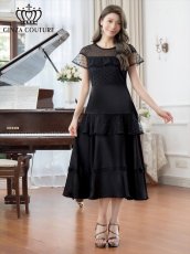 画像2: [SALE品のため返品不可＆再入荷なしの現品限り][ERUKEI/GINZA COUTURE]ホワイト・ブラック・半袖・ビーズ・チュール・レース・Aライン・ミディアムドレス・ワンピース[送料無料] (2)