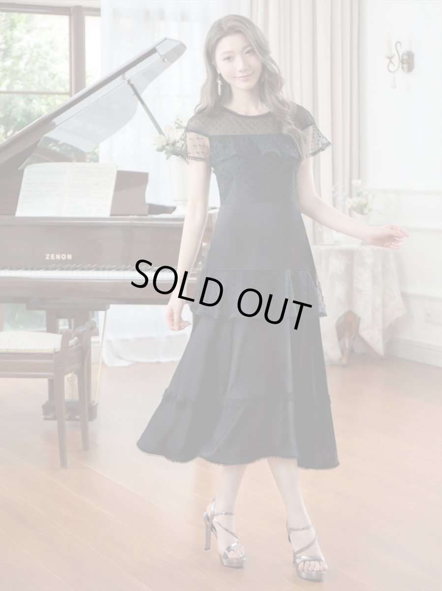 画像4: [SALE品のため返品不可＆再入荷なしの現品限り][ERUKEI/GINZA COUTURE]ホワイト・ブラック・半袖・ビーズ・チュール・レース・Aライン・ミディアムドレス・ワンピース[送料無料] (4)