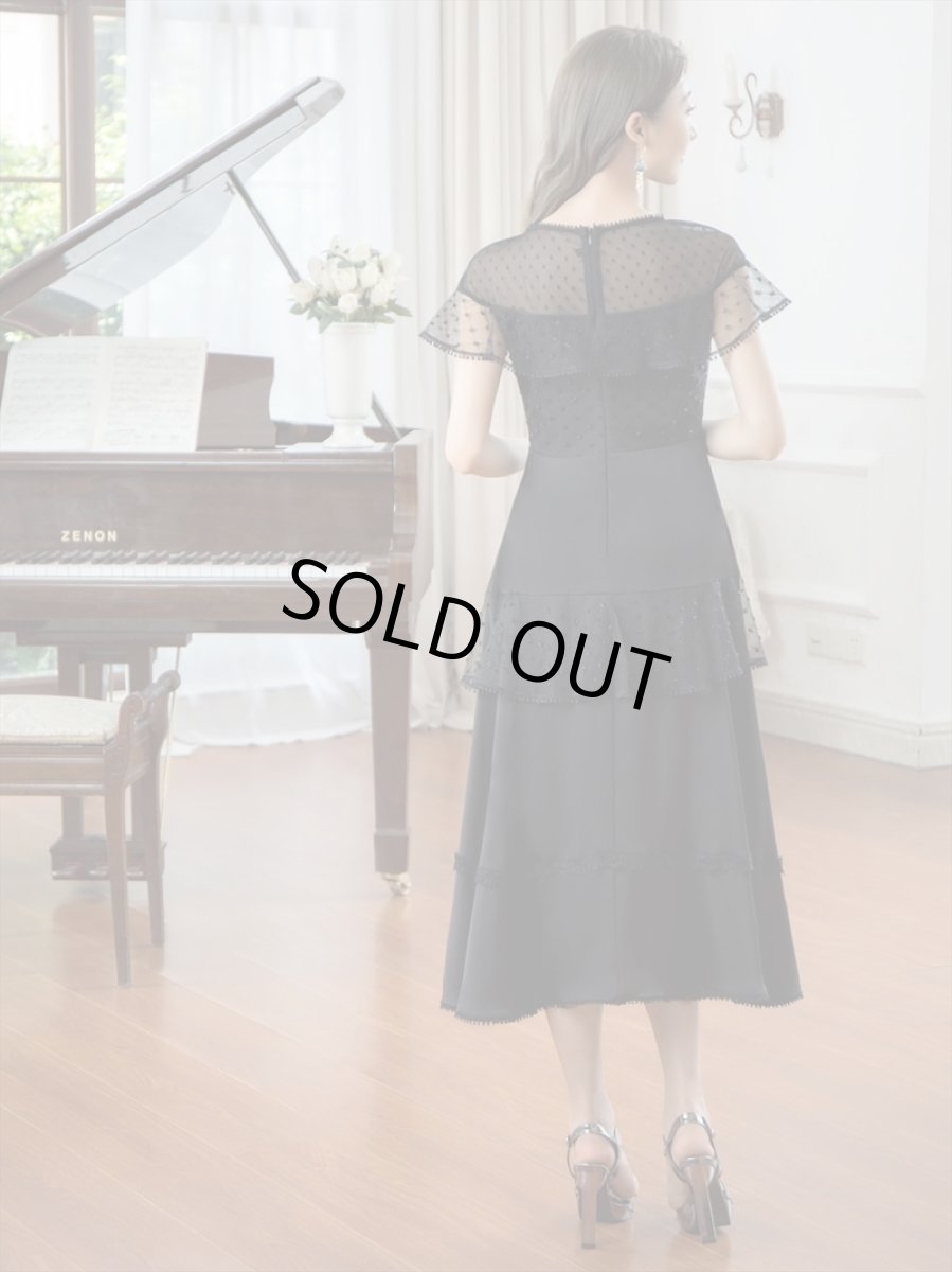 画像6: [SALE品のため返品不可＆再入荷なしの現品限り][ERUKEI/GINZA COUTURE]ホワイト・ブラック・半袖・ビーズ・チュール・レース・Aライン・ミディアムドレス・ワンピース[送料無料] (6)