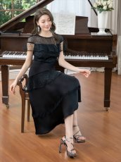 画像12: [SALE品のため返品不可＆再入荷なしの現品限り][ERUKEI/GINZA COUTURE]ホワイト・ブラック・半袖・ビーズ・チュール・レース・Aライン・ミディアムドレス・ワンピース[送料無料] (12)