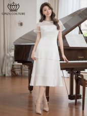画像1: [SALE品のため返品不可＆再入荷なしの現品限り][ERUKEI/GINZA COUTURE]ホワイト・ブラック・半袖・ビーズ・チュール・レース・Aライン・ミディアムドレス・ワンピース[送料無料] (1)
