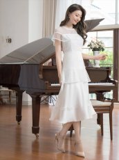 画像3: [SALE品のため返品不可＆再入荷なしの現品限り][ERUKEI/GINZA COUTURE]ホワイト・ブラック・半袖・ビーズ・チュール・レース・Aライン・ミディアムドレス・ワンピース[送料無料] (3)