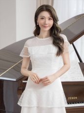 画像7: [SALE品のため返品不可＆再入荷なしの現品限り][ERUKEI/GINZA COUTURE]ホワイト・ブラック・半袖・ビーズ・チュール・レース・Aライン・ミディアムドレス・ワンピース[送料無料] (7)