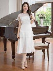 画像9: [SALE品のため返品不可＆再入荷なしの現品限り][ERUKEI/GINZA COUTURE]ホワイト・ブラック・半袖・ビーズ・チュール・レース・Aライン・ミディアムドレス・ワンピース[送料無料] (9)
