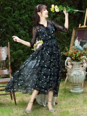 画像2: [ERUKEI/GINZA COUTURE]ブラック×グリーン・花柄・Aライン・七分袖・ミディアムドレス・ワンピース[送料無料] (2)