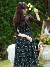 画像3: [ERUKEI/GINZA COUTURE]ブラック×グリーン・花柄・Aライン・七分袖・ミディアムドレス・ワンピース[送料無料] (3)