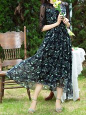 画像5: [ERUKEI/GINZA COUTURE]ブラック×グリーン・花柄・Aライン・七分袖・ミディアムドレス・ワンピース[送料無料] (5)