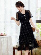 画像2: [ERUKEI/GINZA COUTURE]ブラック・ドット・半袖・チュール・レース・Aライン・ミディアムドレス・ワンピース[送料無料] (2)