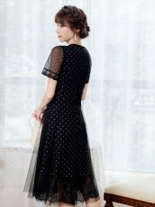 画像3: [ERUKEI/GINZA COUTURE]ブラック・ドット・半袖・チュール・レース・Aライン・ミディアムドレス・ワンピース[送料無料] (3)