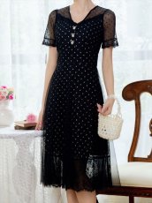画像4: [ERUKEI/GINZA COUTURE]ブラック・ドット・半袖・チュール・レース・Aライン・ミディアムドレス・ワンピース[送料無料] (4)