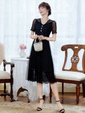 画像5: [ERUKEI/GINZA COUTURE]ブラック・ドット・半袖・チュール・レース・Aライン・ミディアムドレス・ワンピース[送料無料] (5)