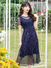 画像2: [ERUKEI/GINZA COUTURE]ネイビー・半袖・総レース・ドット・Aライン・ミディアムドレス・ワンピース[送料無料] (2)