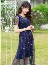 画像3: [ERUKEI/GINZA COUTURE]ネイビー・半袖・総レース・ドット・Aライン・ミディアムドレス・ワンピース[送料無料] (3)