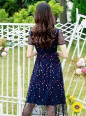 画像4: [ERUKEI/GINZA COUTURE]ネイビー・半袖・総レース・ドット・Aライン・ミディアムドレス・ワンピース[送料無料] (4)