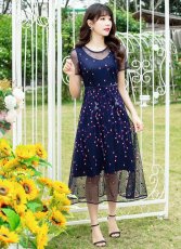 画像6: [ERUKEI/GINZA COUTURE]ネイビー・半袖・総レース・ドット・Aライン・ミディアムドレス・ワンピース[送料無料] (6)