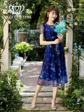 画像1: [ XS-Lサイズ / 2カラー ][ERUKEI/GINZA COUTURE]ピンク・ネイビー・花柄・半袖・チュール・Aライン・ミディアムドレス・ワンピース[送料無料] (1)