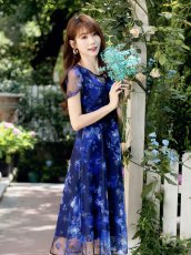 画像2: [ XS-Lサイズ / 2カラー ][ERUKEI/GINZA COUTURE]ピンク・ネイビー・花柄・半袖・チュール・Aライン・ミディアムドレス・ワンピース[送料無料] (2)