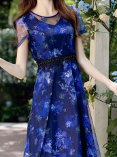 画像3: [ XS-Lサイズ / 2カラー ][ERUKEI/GINZA COUTURE]ピンク・ネイビー・花柄・半袖・チュール・Aライン・ミディアムドレス・ワンピース[送料無料] (3)