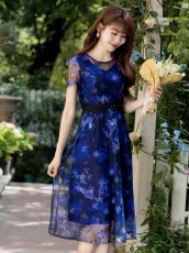 画像5: [ XS-Lサイズ / 2カラー ][ERUKEI/GINZA COUTURE]ピンク・ネイビー・花柄・半袖・チュール・Aライン・ミディアムドレス・ワンピース[送料無料] (5)