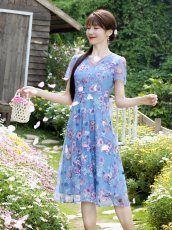 画像3: [ XS-Lサイズ / 2カラー ][ERUKEI/GINZA COUTURE]ブルー・ピンク・花柄・蝶・刺繍・半袖・チュール・レース・Aライン・ミディアムドレス・ワンピース[送料無料] (3)