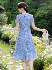 画像5: [ XS-Lサイズ / 2カラー ][ERUKEI/GINZA COUTURE]ブルー・ピンク・花柄・蝶・刺繍・半袖・チュール・レース・Aライン・ミディアムドレス・ワンピース[送料無料] (5)