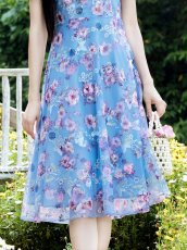 画像9: [ XS-Lサイズ / 2カラー ][ERUKEI/GINZA COUTURE]ブルー・ピンク・花柄・蝶・刺繍・半袖・チュール・レース・Aライン・ミディアムドレス・ワンピース[送料無料] (9)