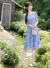 画像11: [ XS-Lサイズ / 2カラー ][ERUKEI/GINZA COUTURE]ブルー・ピンク・花柄・蝶・刺繍・半袖・チュール・レース・Aライン・ミディアムドレス・ワンピース[送料無料] (11)