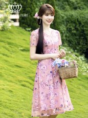 画像2: [ XS-Lサイズ / 2カラー ][ERUKEI/GINZA COUTURE]ブルー・ピンク・花柄・蝶・刺繍・半袖・チュール・レース・Aライン・ミディアムドレス・ワンピース[送料無料] (2)