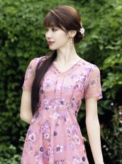 画像8: [ XS-Lサイズ / 2カラー ][ERUKEI/GINZA COUTURE]ブルー・ピンク・花柄・蝶・刺繍・半袖・チュール・レース・Aライン・ミディアムドレス・ワンピース[送料無料] (8)