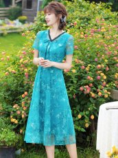 画像2: [ XS-Lサイズ / 2カラー][ERUKEI/GINZA COUTURE]ピンク・グリーン・総レース・半袖・Aライン・ミディアムドレス・ワンピース[送料無料] (2)