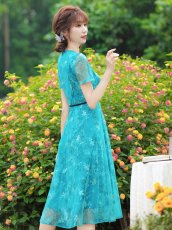 画像3: [ XS-Lサイズ / 2カラー][ERUKEI/GINZA COUTURE]ピンク・グリーン・総レース・半袖・Aライン・ミディアムドレス・ワンピース[送料無料] (3)