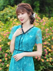 画像4: [ XS-Lサイズ / 2カラー][ERUKEI/GINZA COUTURE]ピンク・グリーン・総レース・半袖・Aライン・ミディアムドレス・ワンピース[送料無料] (4)