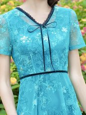 画像5: [ XS-Lサイズ / 2カラー][ERUKEI/GINZA COUTURE]ピンク・グリーン・総レース・半袖・Aライン・ミディアムドレス・ワンピース[送料無料] (5)