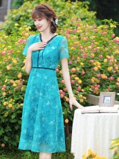 画像6: [ XS-Lサイズ / 2カラー][ERUKEI/GINZA COUTURE]ピンク・グリーン・総レース・半袖・Aライン・ミディアムドレス・ワンピース[送料無料] (6)