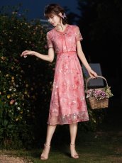 画像12: [ XS-Lサイズ / 2カラー][ERUKEI/GINZA COUTURE]ピンク・グリーン・総レース・半袖・Aライン・ミディアムドレス・ワンピース[送料無料] (12)