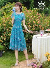 画像1: [ XS-Lサイズ / 2カラー ][ERUKEI/GINZA COUTURE]グリーン・ブルー・花柄・半袖・チュール・レース・Aライン・ミディアムドレス・ワンピース[送料無料] (1)