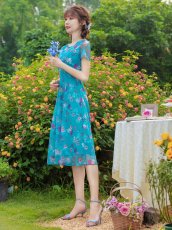 画像3: [ XS-Lサイズ / 2カラー ][ERUKEI/GINZA COUTURE]グリーン・ブルー・花柄・半袖・チュール・レース・Aライン・ミディアムドレス・ワンピース[送料無料] (3)