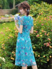 画像5: [ XS-Lサイズ / 2カラー ][ERUKEI/GINZA COUTURE]グリーン・ブルー・花柄・半袖・チュール・レース・Aライン・ミディアムドレス・ワンピース[送料無料] (5)