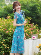 画像7: [ XS-Lサイズ / 2カラー ][ERUKEI/GINZA COUTURE]グリーン・ブルー・花柄・半袖・チュール・レース・Aライン・ミディアムドレス・ワンピース[送料無料] (7)