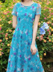 画像9: [ XS-Lサイズ / 2カラー ][ERUKEI/GINZA COUTURE]グリーン・ブルー・花柄・半袖・チュール・レース・Aライン・ミディアムドレス・ワンピース[送料無料] (9)