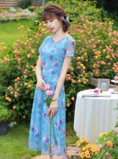 画像4: [ XS-Lサイズ / 2カラー ][ERUKEI/GINZA COUTURE]グリーン・ブルー・花柄・半袖・チュール・レース・Aライン・ミディアムドレス・ワンピース[送料無料] (4)