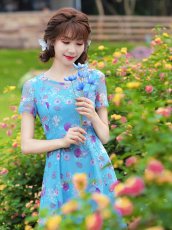 画像8: [ XS-Lサイズ / 2カラー ][ERUKEI/GINZA COUTURE]グリーン・ブルー・花柄・半袖・チュール・レース・Aライン・ミディアムドレス・ワンピース[送料無料] (8)