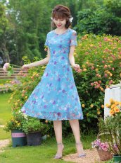 画像12: [ XS-Lサイズ / 2カラー ][ERUKEI/GINZA COUTURE]グリーン・ブルー・花柄・半袖・チュール・レース・Aライン・ミディアムドレス・ワンピース[送料無料] (12)